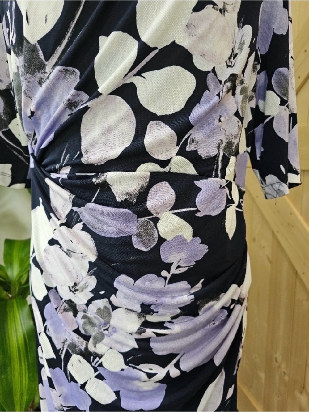 CONNECTED APPAREL Navy with Lavender Abstract Floral Design with Side Gather - Picture 4 of 8